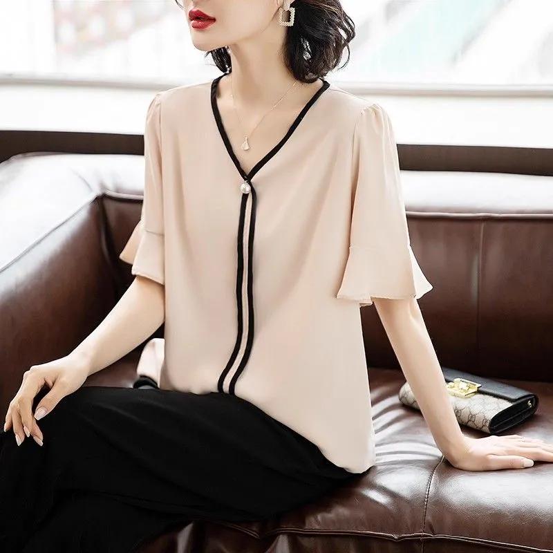 Women Navy Blue Contrast Trim V Neck Flutter Sleeve Chiffon Blouse XL абрикосовый