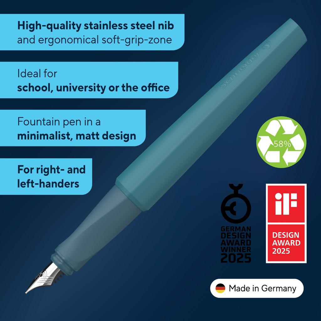 Schneider TOMO Fountain Medium Nib 1 Pen, (Deep Sea, Blue), pen, Cartridge/Converter Compatible.