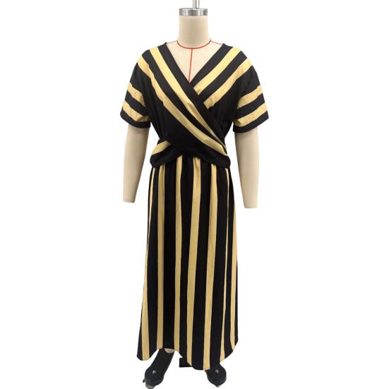 Maxi Robe d'Été pour Femmes Rayée Manches Courtes Col en V Robe évasée Décontractée Vacances à la Plage Fluide Robe d'été coupe A