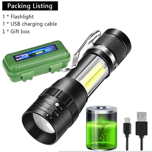 USB Rechargeable Mini Flashlight COB+XPE Portable Built-in Battery Zoomable Small Torch 3 Mode Camping Emergency Flashlights