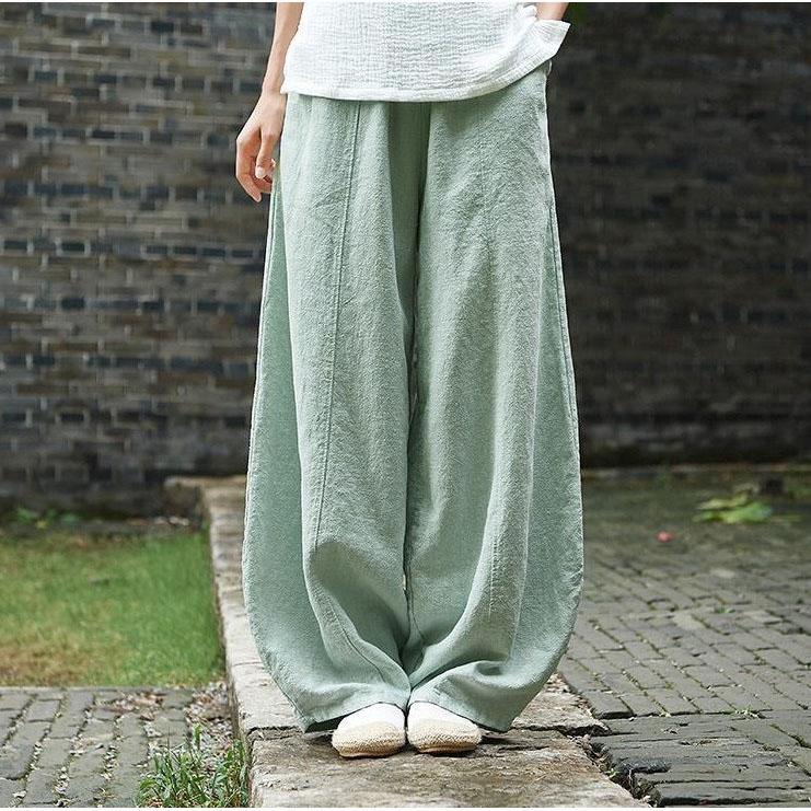 Frühling Sommer Baumwolle Leinen Stil Pumphosen Weitbein Hose Damen Vintage Volle Länge Elegante Hose Uni Elastischer Bund