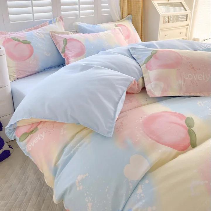 Skin-Friendly Twill Fabric Bed Sheet Four Piece Set Ab Double-Sided Color Blocking Bedding Sets Flower Printed Quilt Cover