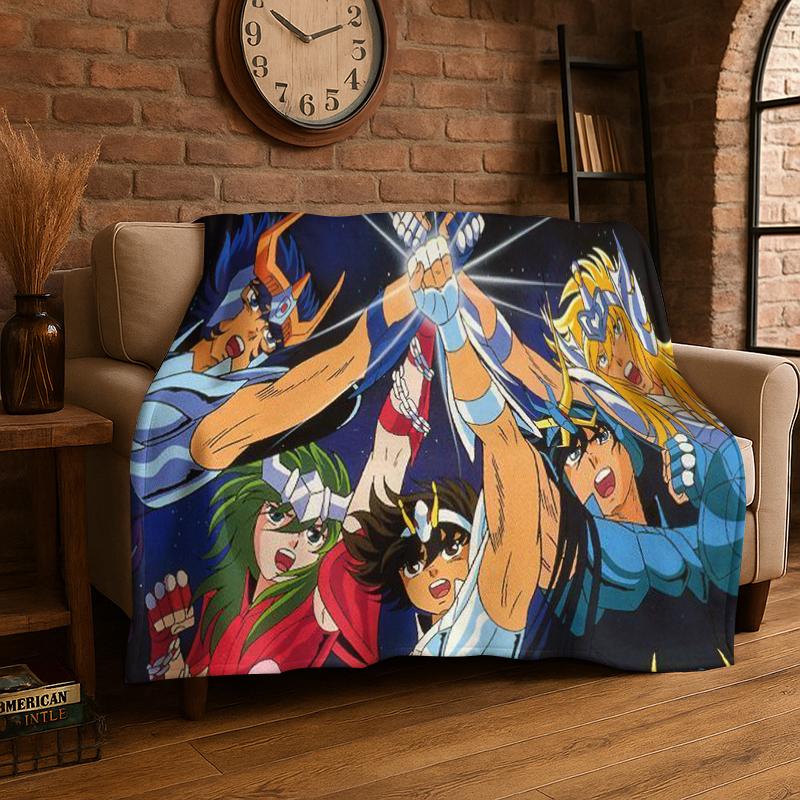 Retro Saint Seiya Anime Cartoon Flannel Blanket Soft Warm Throw Blanket for Bedroom Living Room Bed Travel Camping Picnic Gift