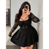Women Elegant Long Sleeve Square Neck Solid Color Lace Patchwork A Line Casual Vacation Dress