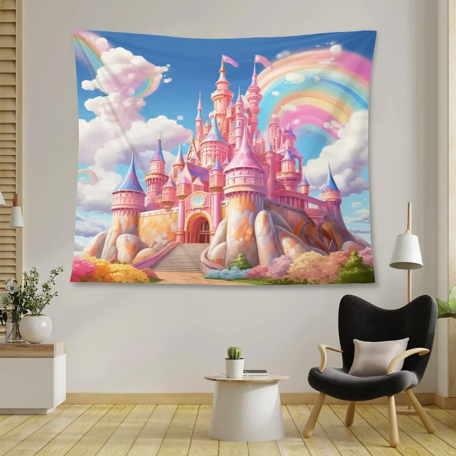 Pink Castle Tapestry Fantasy Fairy Tale Wonderland Botanical Flower Princess Castle Tapestries for Nursery Boys Girls Bedroom 74x94cm(29x37in)