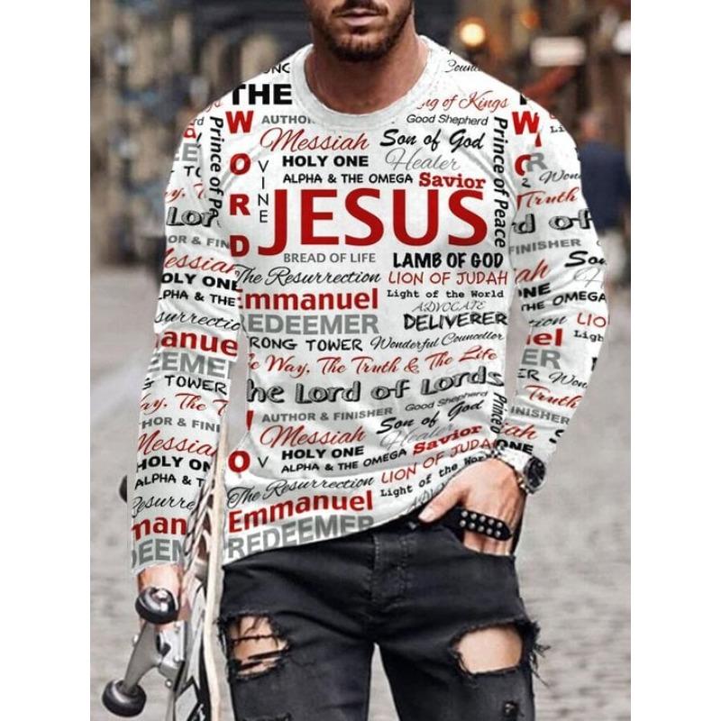 Summer Letter JESUS Printing 3D Graphic Men's T-shirts Fashion Street Round neck Long sleeved Casual Tops Tees Clothing