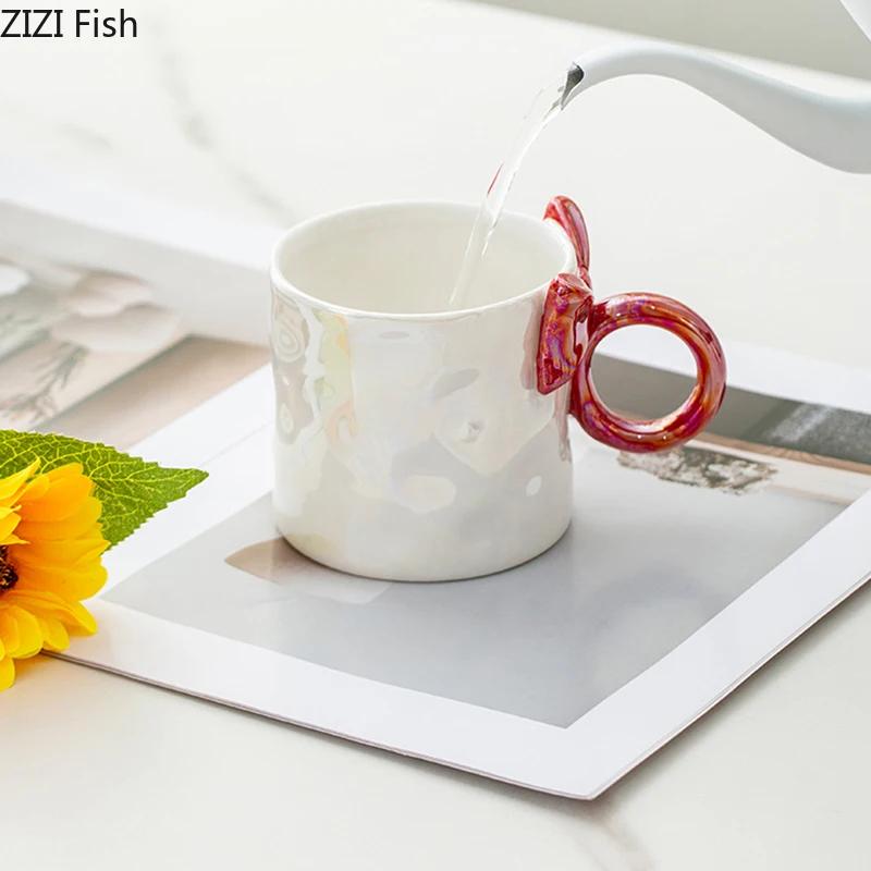 Pearl Color Glazed Porcelain Cup Lovely Bowknot Decor Coffee Mug Dining Table Milk Mugs Afternoon Tea Teacup Fruits Juice Cup