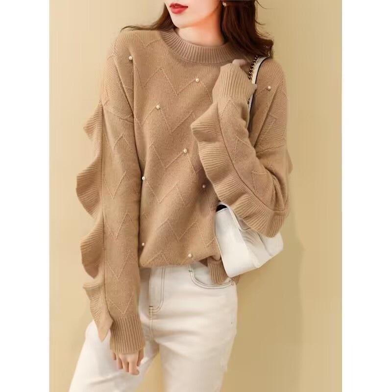 Heavy Industry Bead Crew Neck Knitted Sweater Women's Wear Autumn and Winter Fashion Splicing Fungus Edge Loose Long Sleeve Sweater