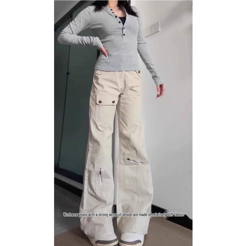 Plus Size Women's American Style Micro Flare High Waist Workwear Jeans - Loose Fit, Slimming, Straight Wide Leg, Floor Length for Spring & Autumn.