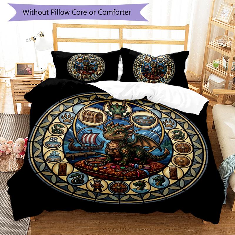 Dragons Treasures Symbols Pattern Bedding,Quilt Set Quilt Cover Pillowcase Home Birthday Gift (1*duvet Cover+2*pillowcase,without Core)