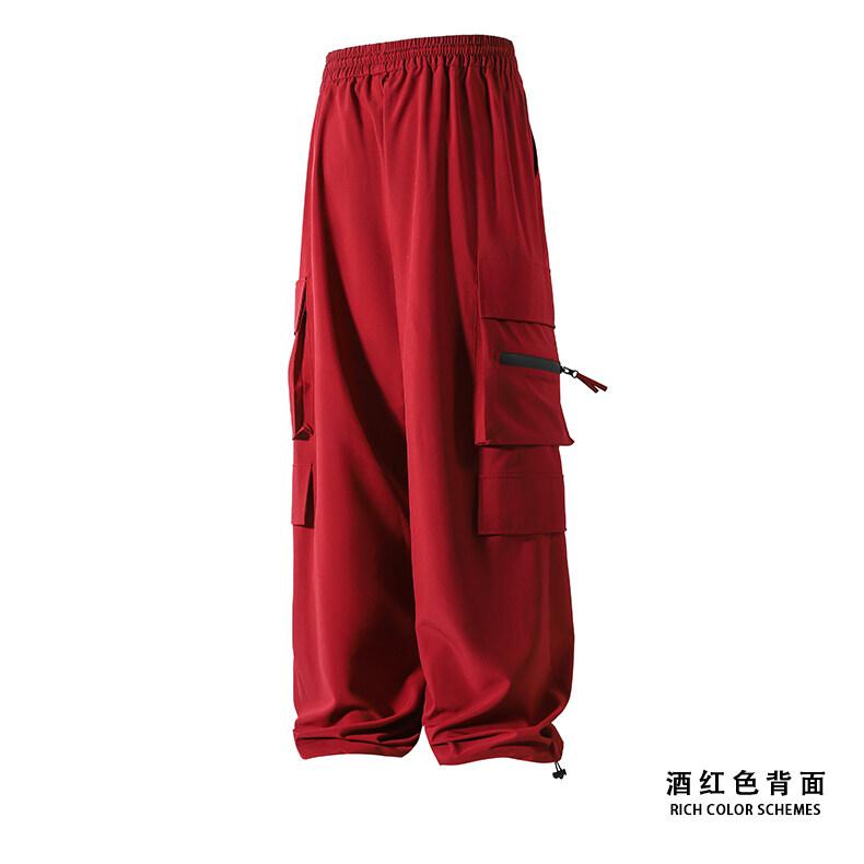 High Quality Ice Silk Waterproof Zipper Multi Pockets Casual Pants Men Solid Straight Elastic Waist Trousers Loose Cargo Pants