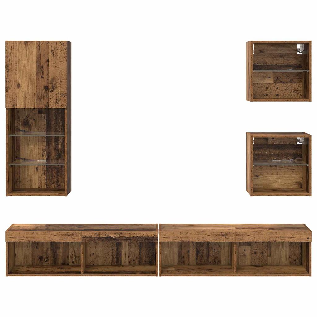 TV Wall Units with LED 5 pcs Reclaimed Wood Effect Particleboard