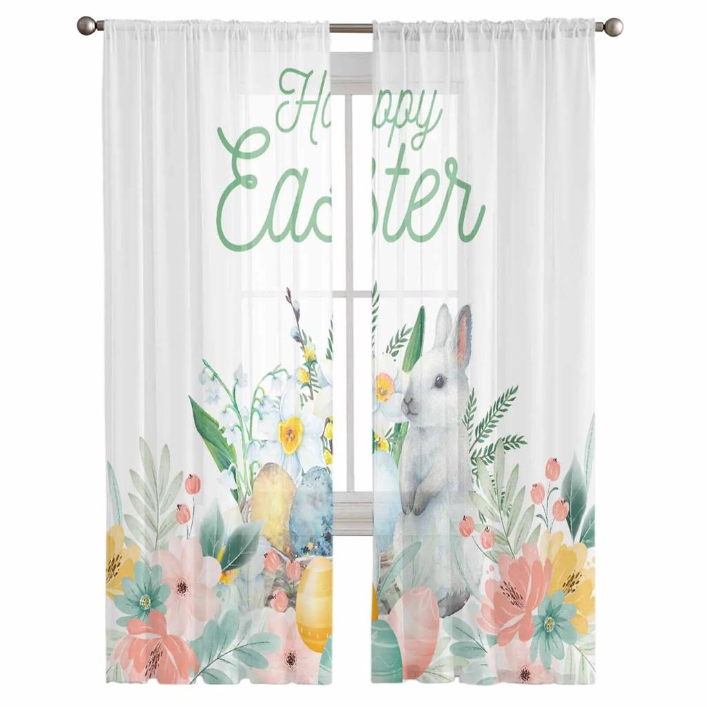 Osterhasen-Eier-Blumen-Tüllvorhänge für Wohnzimmer, durchsichtiger Vorhang für Schlafzimmer, Küche, Jalousien, Voile-Vorhänge