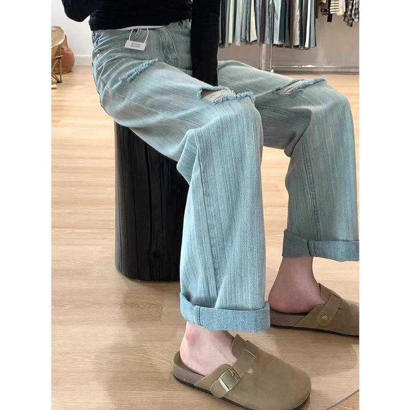 

Plus Size American Retro Ripped Jeans for Women - High Waist, Slimming, Wide Leg, Floor-Length Pants for Spring/Summer L (110-120 jin) светло-синий