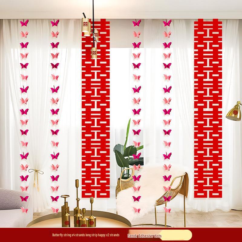 Wedding Room Decor Set: Double Happiness Curtains, Butterfly Ornaments, Stickers for Bride's Bedroom