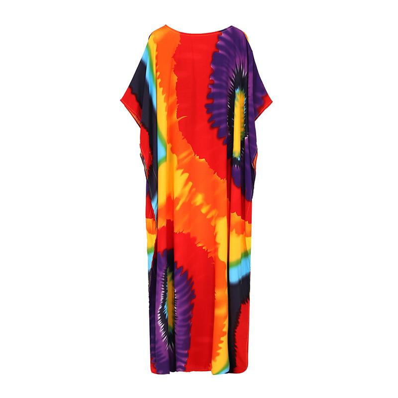 EDOLYNSA Různobarevné Kaftan Bohemian Potištěné Maxi šaty Batwing Sleeve Sleeve Sleeve Women Dámské plážové oblečení Polorukáv Maxi šaty Robe Q1342
