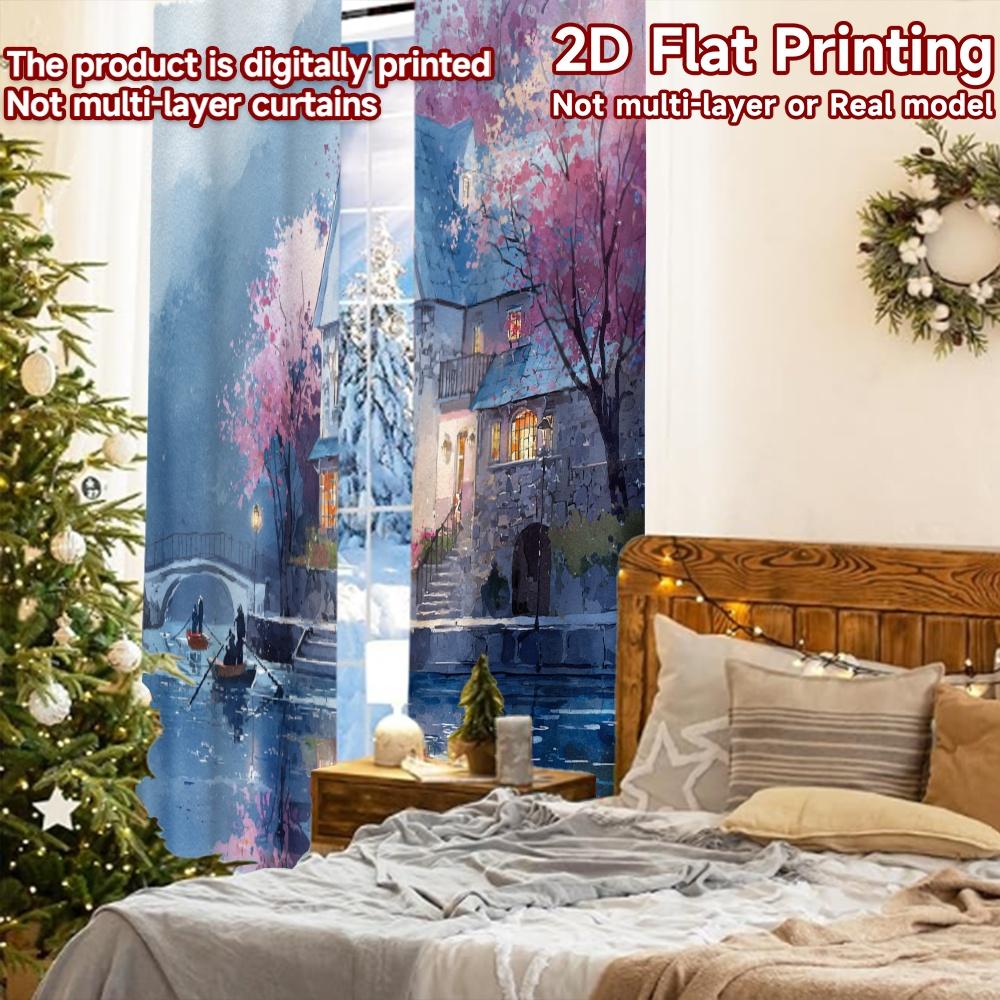 2 szt., zasłony DRUKOWANE PŁASKO 2D (Bez Roda) Świąteczne zasłony Fairy Cottage Przędzowe zasłony Izolacja termiczna i Pokój
