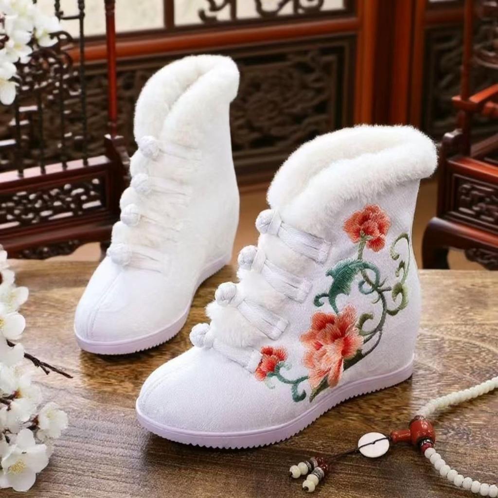 Women's Quilted Cotton Short Boots with Fleece Trim and Hidden Wedge Heel