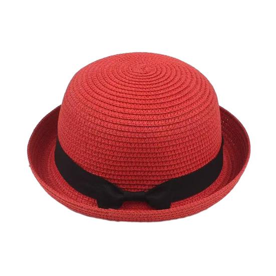 Parent-child Beach Hat Dome Curved Brim UV Protection Hat Handwoven Summer Outdoor Straw Hat with Black Satin Ribbon Bow