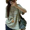 Women's Gray Green Striped T-shirt Female Round Neck Loose Short Sleeved Blouse Summer New Korean Version Versatile Top