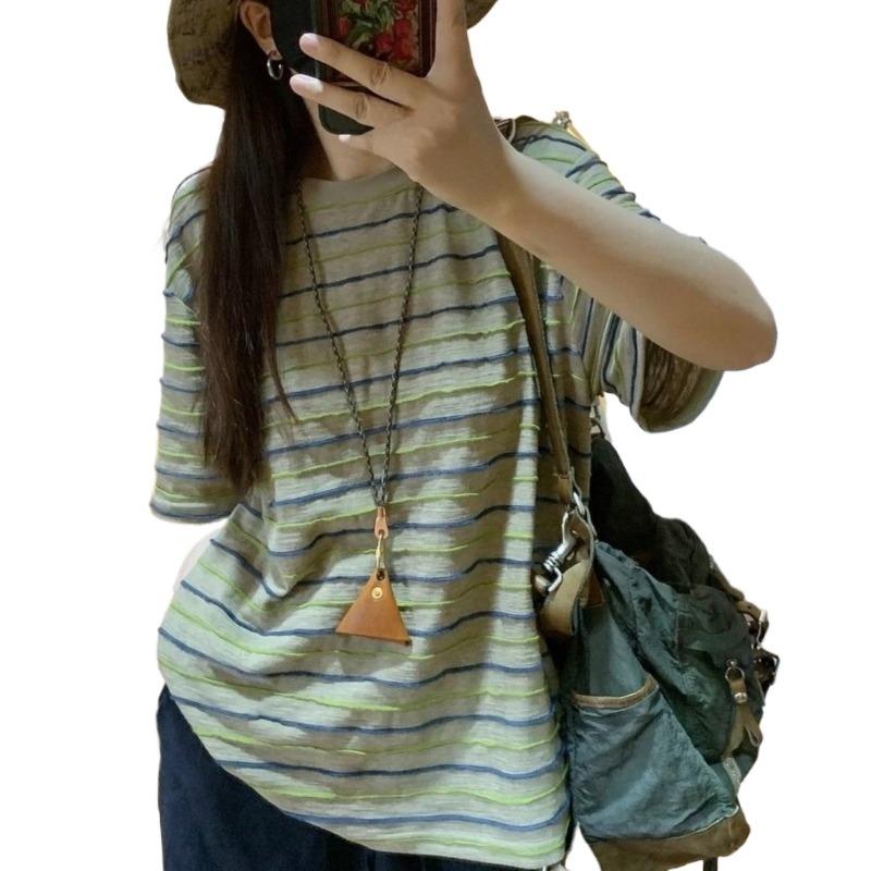 Women's Gray Green Striped T-shirt Female Round Neck Loose Short Sleeved Blouse Summer New Korean Version Versatile Top
