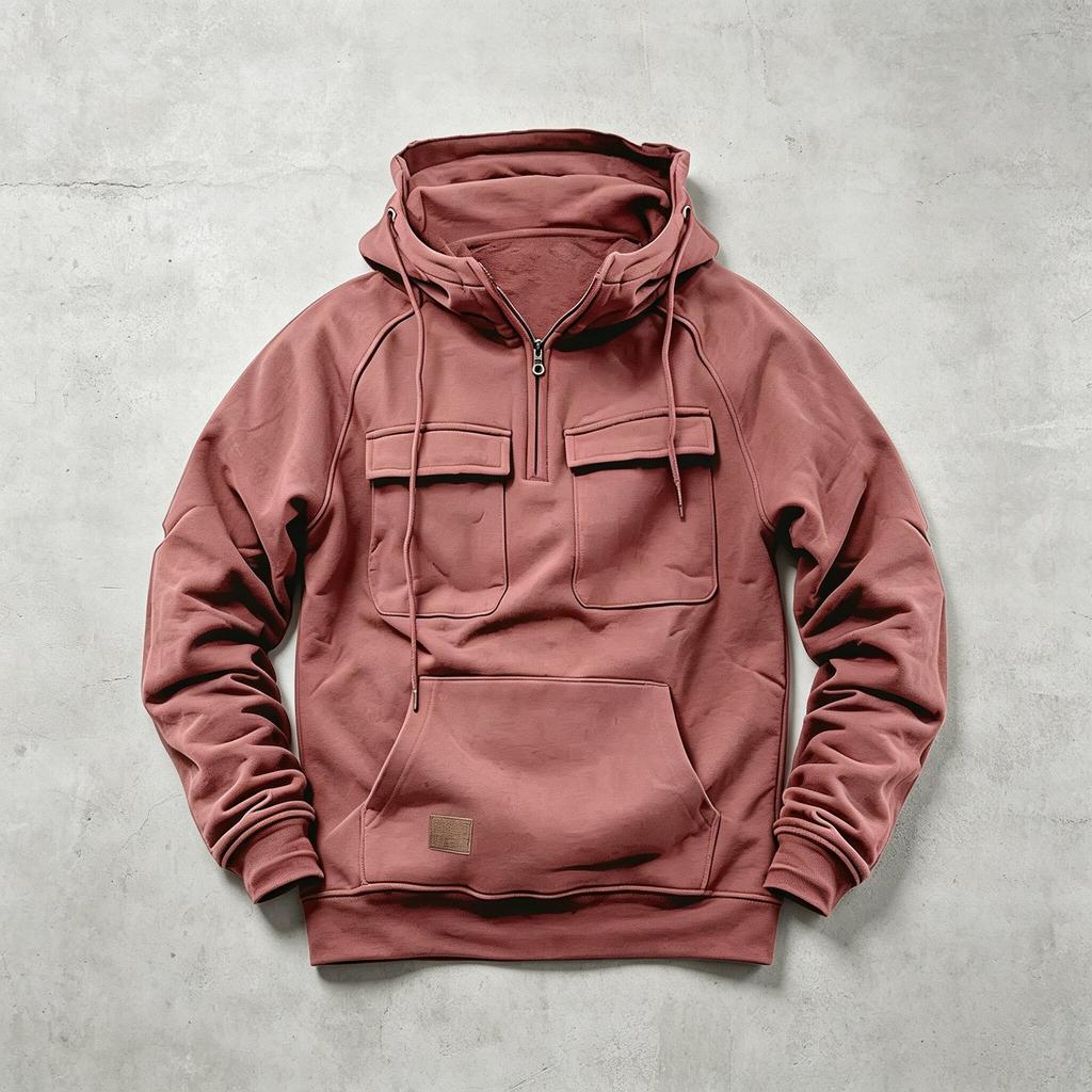 Men's Retro Workwear Hoodie Half Zip Oversize Multi-Pocket Solid Color Pullover Casual Streetwear