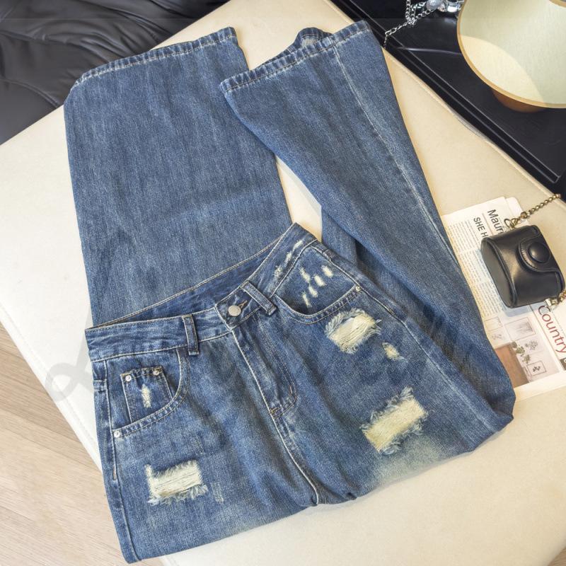 American Retro High Waist Ripped Jeans for Women - Loose, Slimming, Wide Leg XL