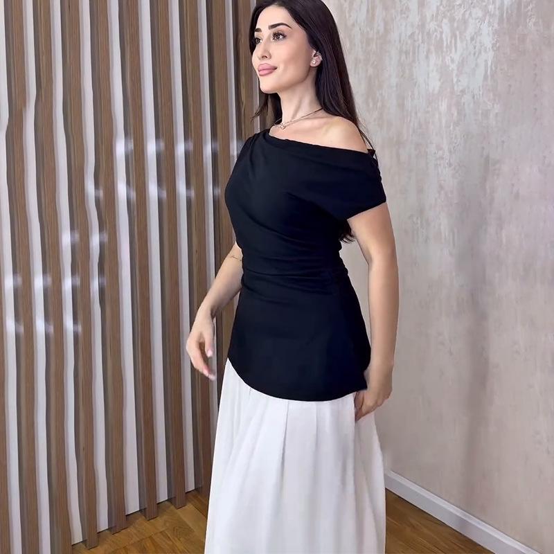 

Женский комплект без рукавов с асимметричным вырезом, однотонный топ и облегающая длинная юбка L белый/чёрный