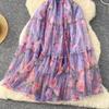 Theepauze Retro Franse Zachte Stijl Bloemen Chiffon Jurk voor Dames met Een Ingesnoerde Taille en Een Pofmouw met Eén Schouder Mesh Rok