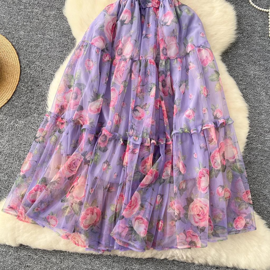 Theepauze Retro Franse Zachte Stijl Bloemen Chiffon Jurk voor Dames met Een Ingesnoerde Taille en Een Pofmouw met Eén Schouder Mesh Rok