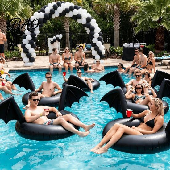 Summer Beach Float Ring Inflatable Pool Float, Creative Bat Wings Decor, Black Thickened PVC Swim for Party Halloween Calm Water Tube