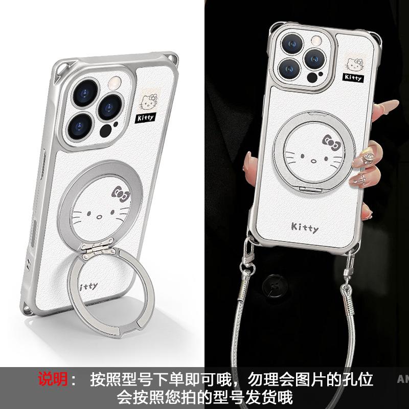 Applicable to 17promax iPhone case 15 four-corner lanyard iphone16 crossbody 14 cat rotating bracket 13