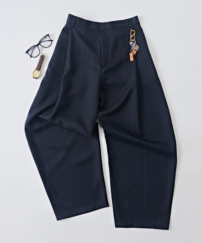 ANALOG MOOD Striped Back-Banded Wide Slacks (Navy)