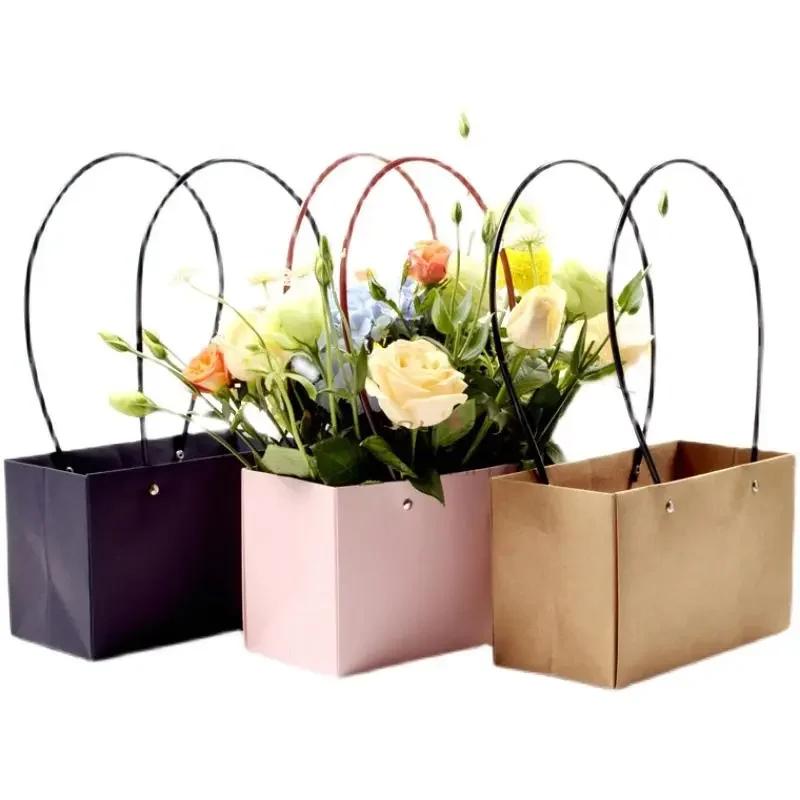 Paper Box Pink Kraft Paper Tote Bag Square Gift Bag  Flower Shop Supplies Valentine's Day Party 10pcs Fresh Flower Packaging