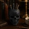Creative Desktop Accessories Halloween Skull Makeup Brush Holder, Matte Black Gothic Skeleton Pen Organizer Resin Cup for Desk, Storage Figurine
