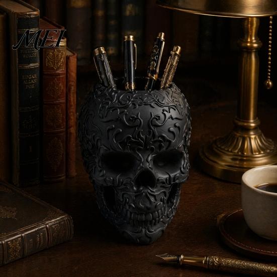 Creative Desktop Accessories Halloween Skull Makeup Brush Holder, Matte Black Gothic Skeleton Pen Organizer Resin Cup for Desk, Storage Figurine