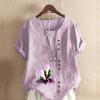 Women's Fashion Round Neck Short Sleeve T-shirt Casual Cotton Linen Graphic Shirt Leisure Loose Flowers Prined Summer Blouse Tops