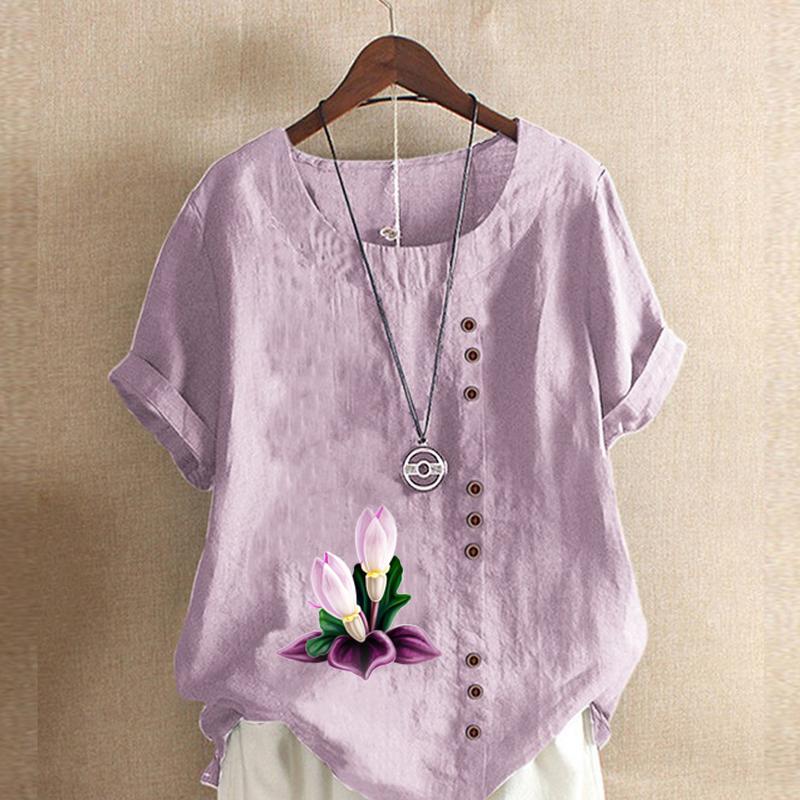 Women's Fashion Round Neck Short Sleeve T-shirt Casual Cotton Linen Graphic Shirt Leisure Loose Flowers Prined Summer Blouse Tops