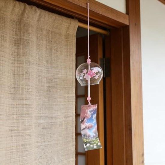 Pink Glass Wind Chime Traditional Japanese Cherry Blossom Design Portable Hanging Decoration Suitable Mothers Day Weddings Beautiful Harmonious Sound.