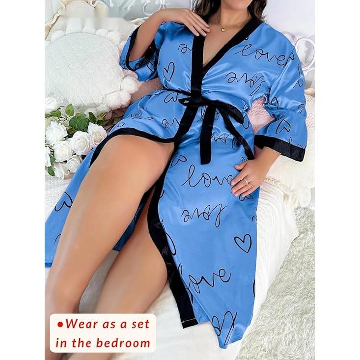 Women's Plus Size Valentines Robe, Sexy Satin Robe Long Sleepwear