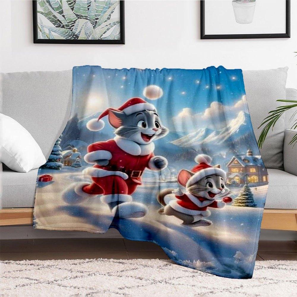 Christmas Tom and Jerry Santa Claus Snowscape Wall Art PrintBlanket Flannel Throw Blanket for Sofa, Bed, Travel, Camping, Office