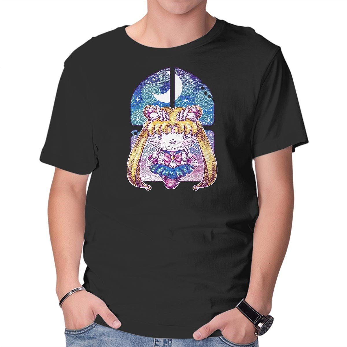 Unisex Crew Neck T-Shirt Hello Senshi Graphic Short Sleeve Casual Tee L