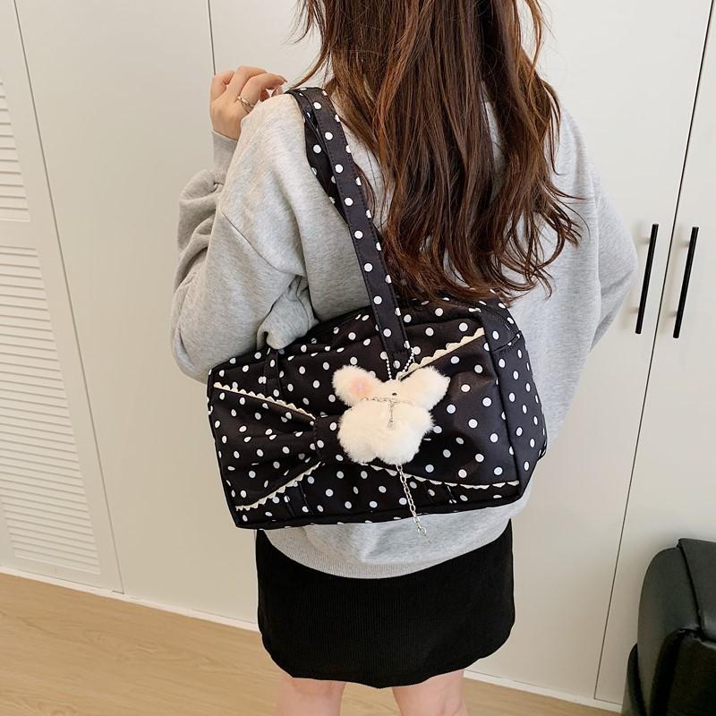 Korean Polka Dot Tote Bag With Bow Decor Large Capacity Shoulder Bag Casual Stylish Handbag Lightweight Fabric For Daily Commute