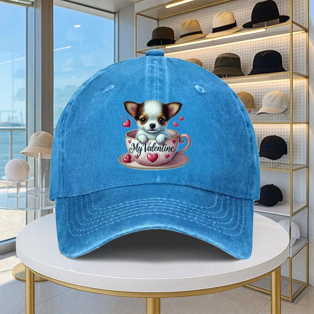 Süßer Chihuahua Mein Valentinstags Hund Druck Gewaschene Baseballkappe Vintage Verstellbarer Baumwollhut für Unisex