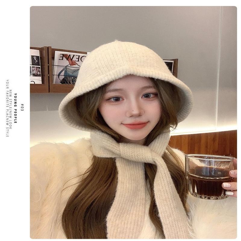 Korean Hood Scarf Balaclava Hat Ear Protection Warm Bomber Hats Women Retro Strap Bow Beanies Winter Accessories Knitted Law Hat