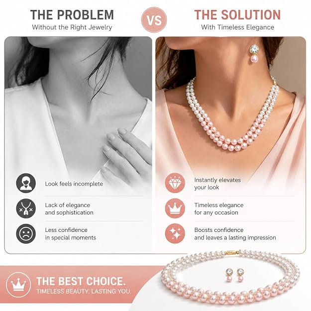 Pearl Necklace and Earrings Set for Women, Double Strand Pearl Jewelry Set