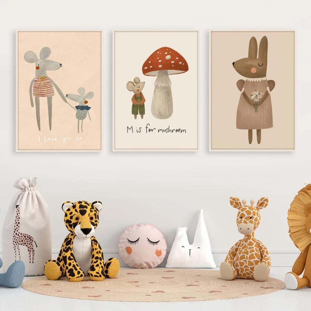 Poster con Coniglio, Topo e Oca stile Cartone Animato Boho, Arte da Parete per Nursery, Pittura su Tela, Poster Retro Nordico, Quadro da Parete, Decorazione per Stanza di Bambini