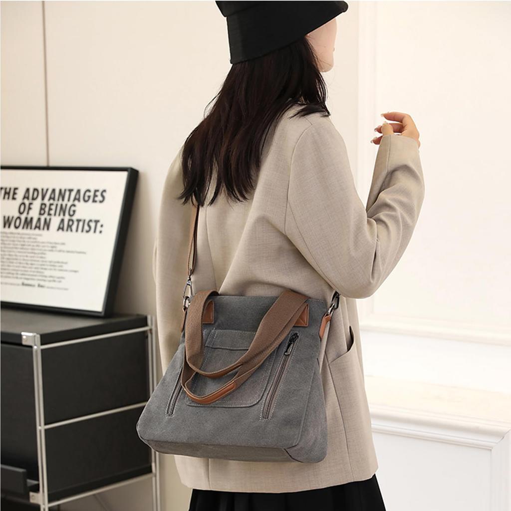 [LKIYUW] Canvas Tote Bag, Crossbody Bag, A4 Size, Large Capacity, Canvas Shoulder Bag, Solid Color, Unisex, Perfect for Commuting and School, Black