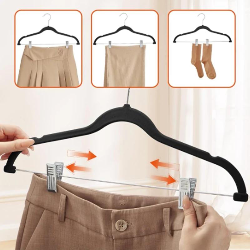 Sametová ramínka na kalhoty, Protiskluzové ramínko na oblečení s klipy pro obchod s oděvy, Růžové sušicí stojany na kabáty, 10/20/30 ks