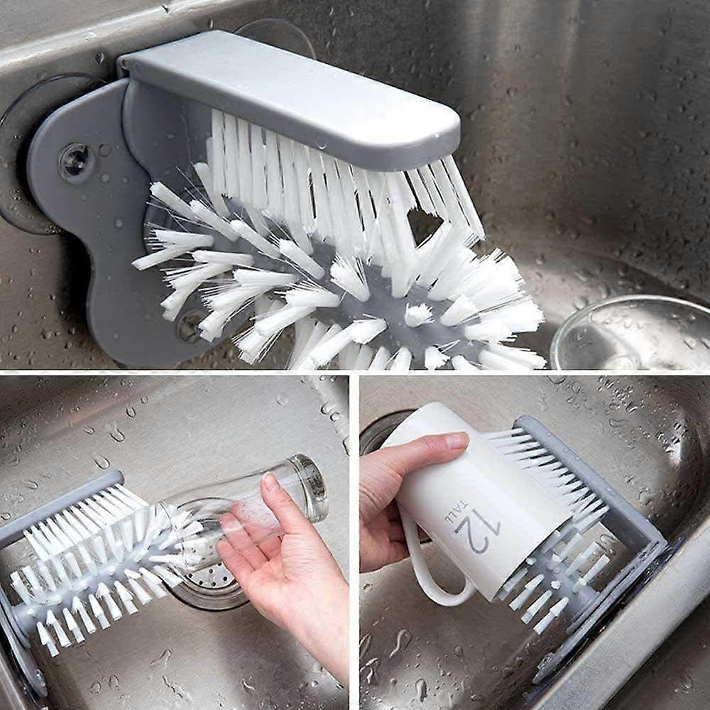 Glass Washer Brush with Double Sided Bristles, Glass Cup Brush Cleaner with Suction Cups Standing Glass Bottle Cup